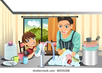 A vector illustration of a father and his son washing dishes in the kitchen