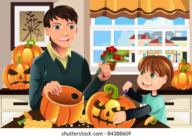 A vector illustration of a father and his son carving pumpkins for Halloween