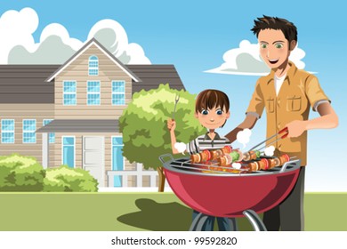 A vector illustration of a father and his son doing barbecue at home