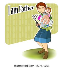 vector illustration of father hold milk bottle in left hand and keep water bottle at belt with his daughter on back, "I am father" concept