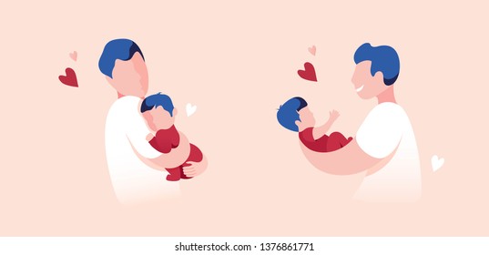 Vector Illustration Of Father Holding Baby Son In Arms. Cartoon Flat Illustration.