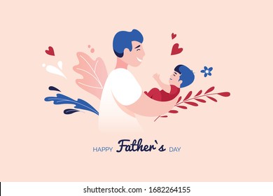 Vector Illustration Of Father Holding Baby Son In Arms. Happy Father`s Day Greeting Card.