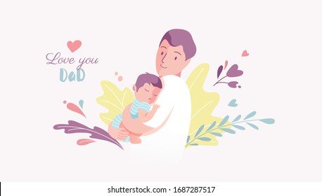 Vector Illustration Of Father Holding Baby Son In Arms. Happy Father`s Day Greeting Card.