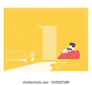Vector illustration of father holding baby or sending baby to sleep.Concept of home sweet home.Home is a starting  place love.Father's day. 