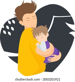 Vector Illustration Of Father Holding Baby Son In Arms. Anime Cartoon Flat Illustration.