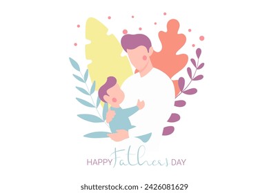 Vector Illustration Of Father Holding Baby Son In Arms. Happy Father`s Day Greeting Card.