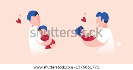 Vector Illustration Of Father Holding Baby Son In Arms. Cartoon Flat Illustration.