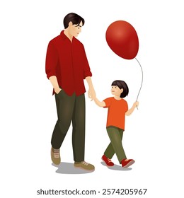 A vector illustration of a father holding hands with his child, who carries a vibrant red balloon. The image captures a warm and loving family moment, emphasizing the connection between parent and