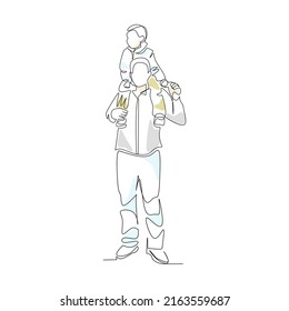 Vector illustration of a father holding his little son on his shoulders drawn in line-art style