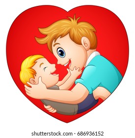 Vector illustration of Father holding his son with in heart shaped