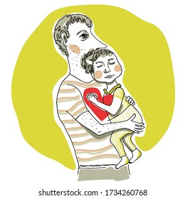 Vector illustration of father holding a sleeping baby. Picture for Father's Day.