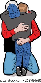 Vector illustration of a father hugging his child, showing love, warmth, and emotional connection.Perfect for family, parenting, Father's Day, or emotional-themed designs in web, print, etc