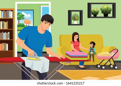 A vector illustration of Father Ironing Clothes While Mother and Kids in the Living Room 