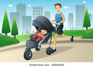 A vector illustration of father jogging while pushing a stroller in the city