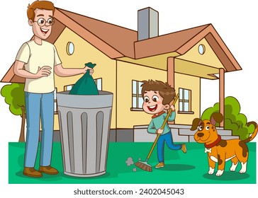  Imagen vectorial de padre e hijos limpiando la casa con un cubo de basura y un perro.