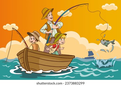 
vector illustration of father and kids fishing