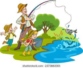 
vector illustration of father and kids fishing