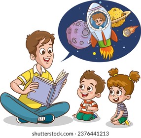 vector illustration of father and kids reading book