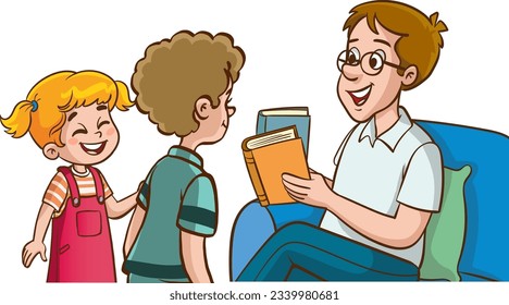 vector illustration of father and kids talking.cute kids asking questions to his father