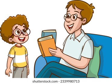 vector illustration of father and kids talking.cute kids asking questions to his father