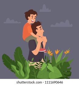 vector illustration father lift son on his shoulder and walk on adventure. Father/dad going outdoor together. 