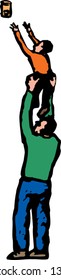 Vector illustration of father lifting son to grab a can from the shelf