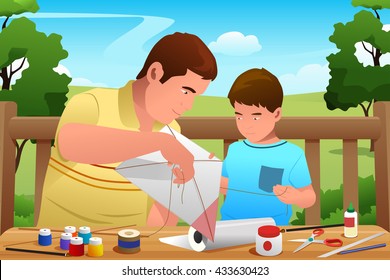 A vector illustration of father making kite together with his son