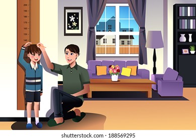 A vector illustration of father measuring his son height with height scale at home