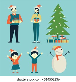 Vector illustration of father and mother holding gift box for children, daughter and son, who happy and enjoy christmas, x-mas, celebration. Flat design, simple style.