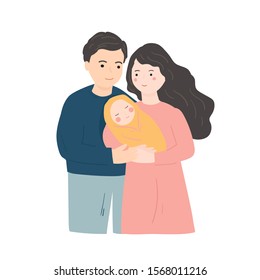 vector illustration of father and mother hugging newborn baby with care and love. young couple  with infant on the hands. young family concept