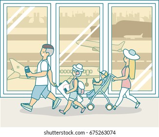 Vector illustration of father and mother with two kids hurrying to check in for flight at the airport. Family travel by plane concept design element.
