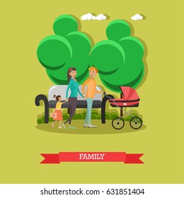 Vector illustration of father, mother walking in the park with their kids. Happy family concept design element in flat style.