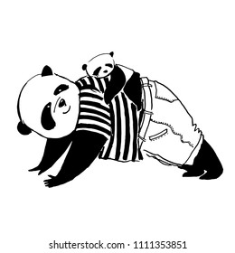 Vector illustration. Father panda in black and white t-shirt is training or make some exercise and his little son is sleeping on his back