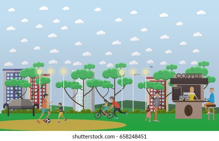 Vector illustration of father playing football with son and father teaching his son to ride bike. Childcare and parenting concept flat style design element.