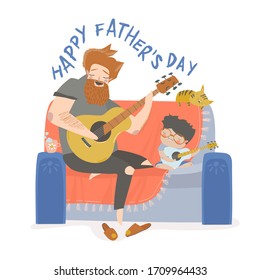 Vector illustration of father playing guitar with his son