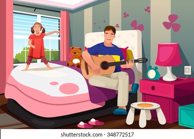 A vector illustration of Father playing guitar while her daughter dancing in bedroom