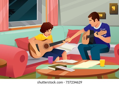 A vector illustration of father playing guitar with his son