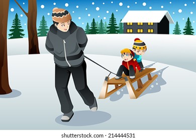 A vector illustration of father pulling his sons riding on a sled