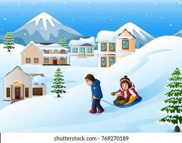 Vector illustration of Father pulling his son riding on a sled