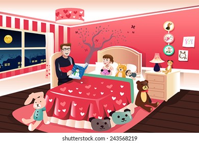 A vector illustration of father reading a bedtime story to his daughter