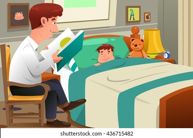 A vector illustration of father reading a bedtime story to his son