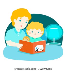 A vector illustration of a father reading a bedtime story to his son.Dad and son are in bed at night atmosphere under the light of lamp.