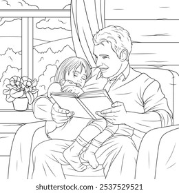 Vector illustration, father reading daughter bedtime story, coloring