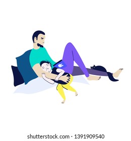 Vector illustration of father and sleepy daughter. Stylish flat design. Cute picture.