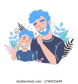 Vector illustration of Father and son Brushing Their Teeth. happy family and health.