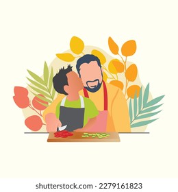 vector illustration father and son are cooking in a kitchen