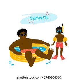 Vector illustration of father and son. Dad is lying in a children's inflatable pool. The son in a swimming mask and flippers is standing. Black happy family. Summer father's day