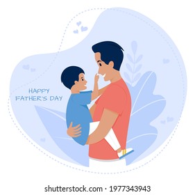 Vector illustration of father and son. Dad with son. Happy Father's day. Dad holding his kid. Dad and baby boy.