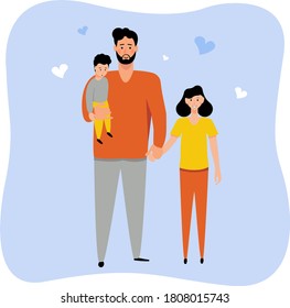 Vector illustration Father with a son and a daughter. Happy father's day greeting card, Father walking with his little kids. Vector illustration in a flat style