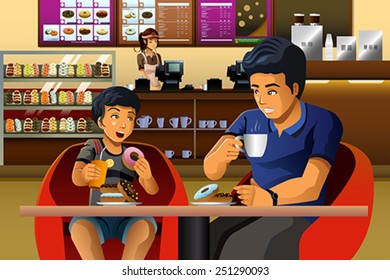 A vector illustration of father and son eating breakfast in a donuts shop